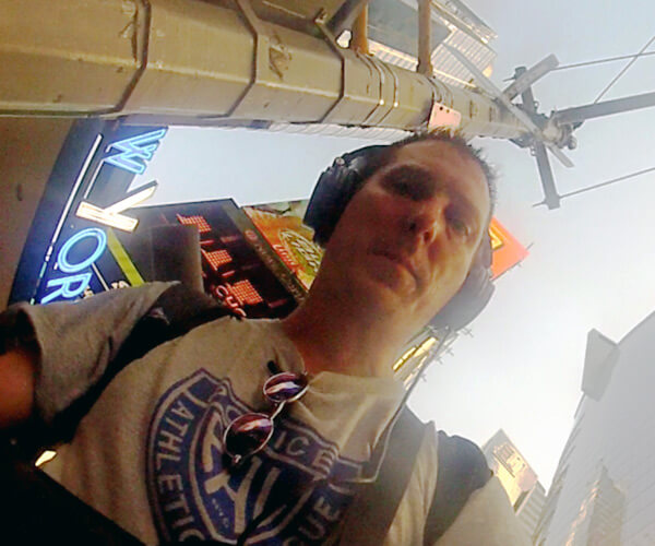 Kevin James on a field recording trip to Time Square