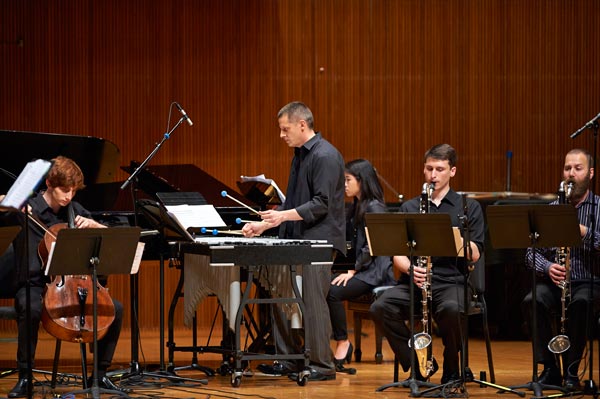 eighth blackbird members Matthew Duvall (percussion) and Michael Maccaferri (bass clarinet) with members of Oberlin Contemporary Music Ensemble (photo credit: Roger Mastroianni/Oberlin Conservatory)