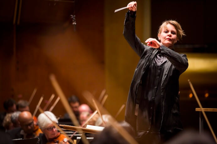 Susanna Mälkki making her debut conducting the New York Philharmonic with Kirill Gerstein as soloist on piano performing at Avery Fisher Hall, 5/21/15
