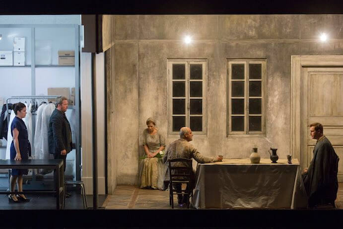 Written on Skin Act 1 scene. Left to right: Victoria Simmonds, Robert Murray, Barbara Hannigan, Christopher Purves, Tim Mead-- Photo by Richard Termine