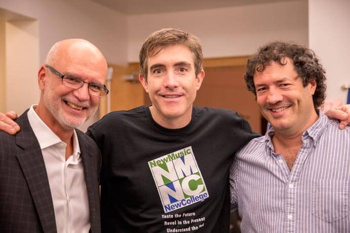 Pianist Blair McMillen (c.) with Stephen Miles (l.) and R.L. Silver (r)at New Music New College (photo: Nancy Nassiff, Elan Photography)