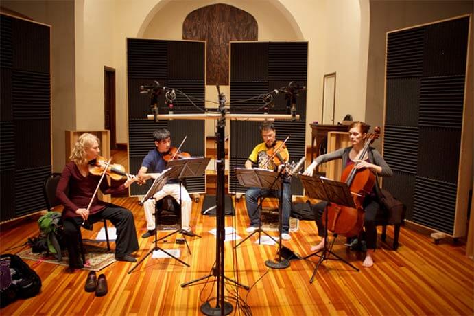 Del Sol String Quartet recording at Sono Luminus Studios.