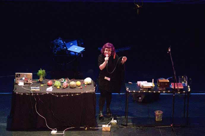 Composer/performer Angélica Negrón performs at NMG2018 with her veggie-synths--Photo by Austin Eamnarangkool
