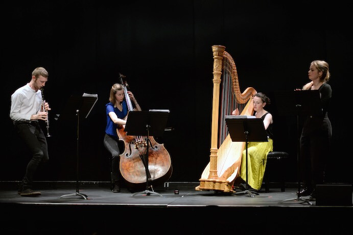 The Hermes Experiment: Oliver Pashley (clarinet), Marianne Schofield (double bass), Anne Denholm (harp), and Héloïse Werner (soprano)--Photo by Emma Werner