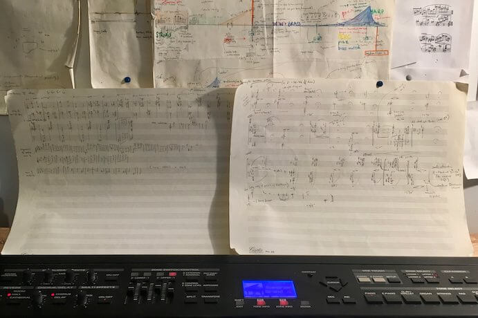 Katherine Balch's current "studio view," including a formal overview of Iilluminate and sketches of her piece for the Indianapolis Symphony Orchestra--Photo courtesy Katherine Balch