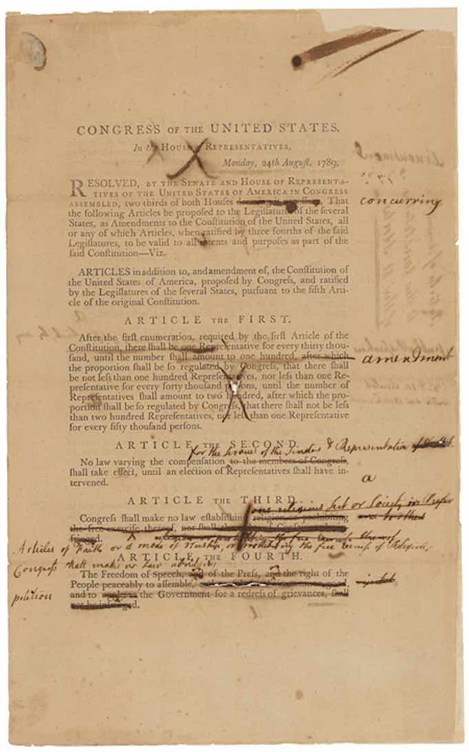 Senate Revisions to House-passed Amendments to the Constitution (draft of Bill of Rights), September 9, 1789, page 1--Photo via https://www.archives.gov/legislative/features/bor