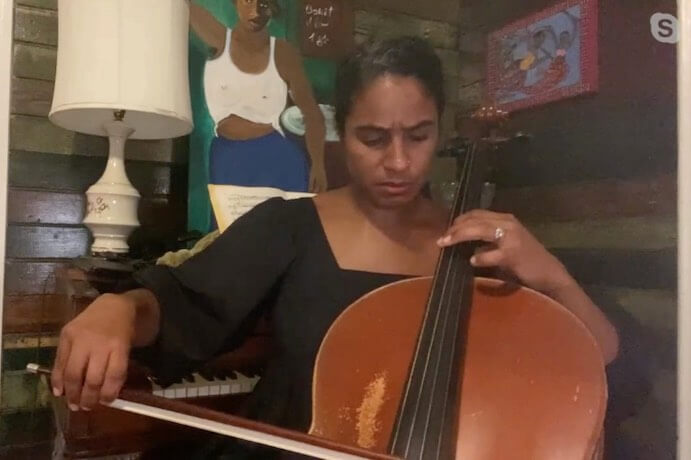 Leyla McCalla performs at the 2021 Chicago Jazz String Summit--Screenshot courtesy CJSS