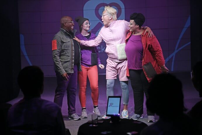 Eric McKeever, Mikki Sodergren, Paul An, and Adrienne Danrich in the 2019 premiere of Looking at You at HERE Arts Center--Photo by Paula Court
