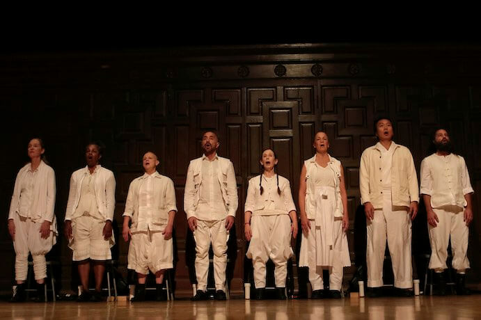 Allison Sniffin, Allison Easter, Ellen Fisher, Theo Bleckmann, Meredith Monk, Kate Geissinger, Paul An, and Gideon Crevoshay in the premiere of Indra's Net--Photo by Yvonne Portra
