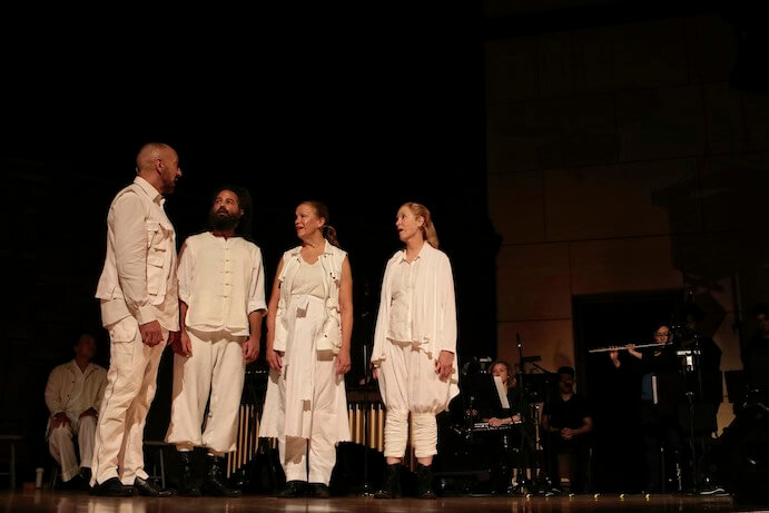 Theo Bleckmann, Gideon Crevoshay, Katie Geissinger, and Allison Sniffin in the premiere of Indra's Net--Photo by Yvonne Portra