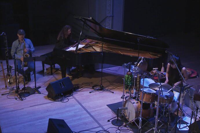 Ned Rothenberg, Sylvie Courvoisier, and Sae Hashimoto--Still from video livestream courtesy of Roulette Intermedium