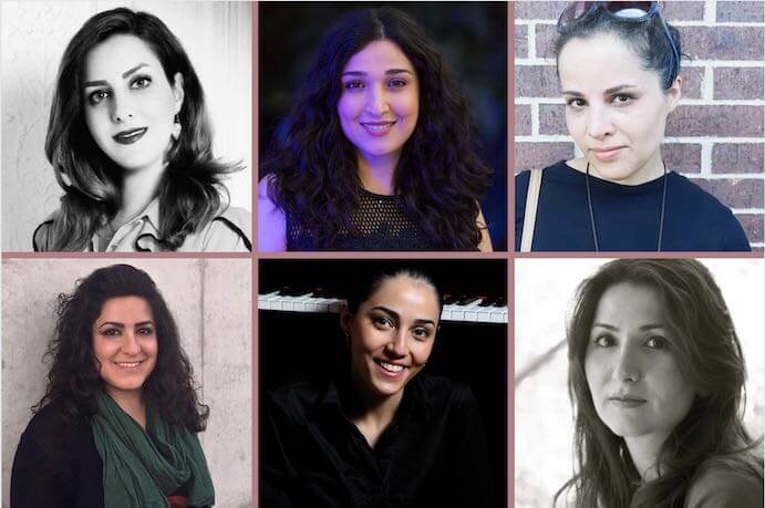 Iranian Female Composers Association members Niloufar Iravani, Nina Barzegar, Nasim Khorassani, Anahita Abbassi, Mahdis Golzar Kashani, and Mina Arissian