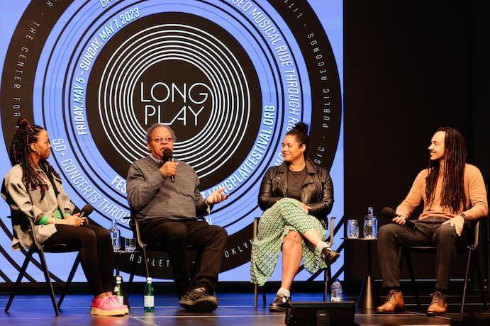 Donna Lee Davidson, George Lewis, Hannah Kendall, and Jessie Cox in conversation at Bang on a Can's 2023 Long Play Festival – Photo by Peter Serling