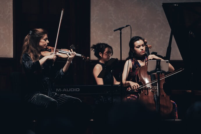 Amy Tress, Sarah Park, and Deni Teo perform with Explore Ensemble at Wigmore Hall – Photo by Matthew Johnson