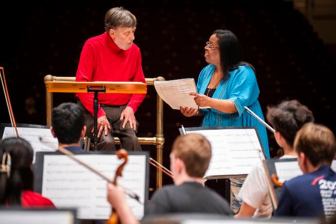 Conductor Andrew Davis leads NYO-USA in rehearsal with composer Valerie Coleman -- Photo by Chris Lee