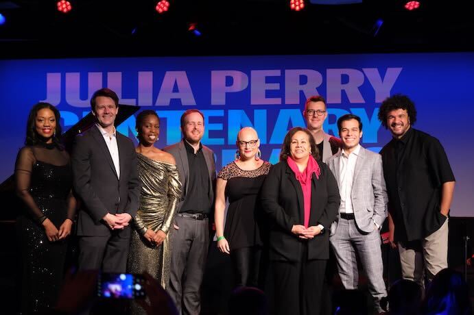 Julia Perry Centennial at Le Poisson Rouge (L-R): Laquita Mitchell, James Blachly, Samantha Ege, Hamilton Berry, Jannina Norporth, Louise Toppin, Nick Revel, Rubén Rengel, Curtis Stewart -- Photo by Gregory Booth