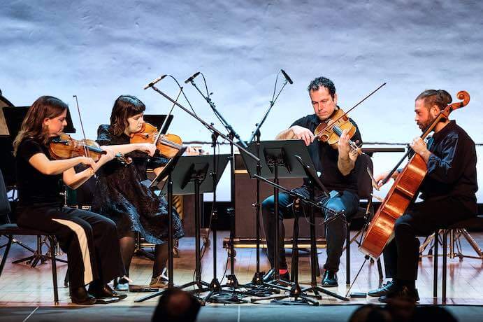 The Mivos Quartet performs for Sarah Hennies' Composer Portrait at Miller Theatre -- Photo by Rob Davidson