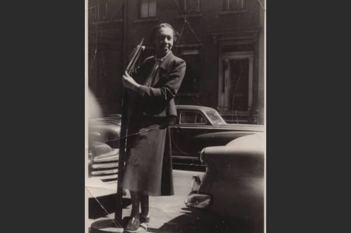 Julia Perry in front of Pat's Apartment, 1947 --Permission to use this photograph is granted by Talbott Music Library Special Collections and Westminster Choir College Archives (Julia Perry Collection), Rider University. Digital image, copyright 2021
