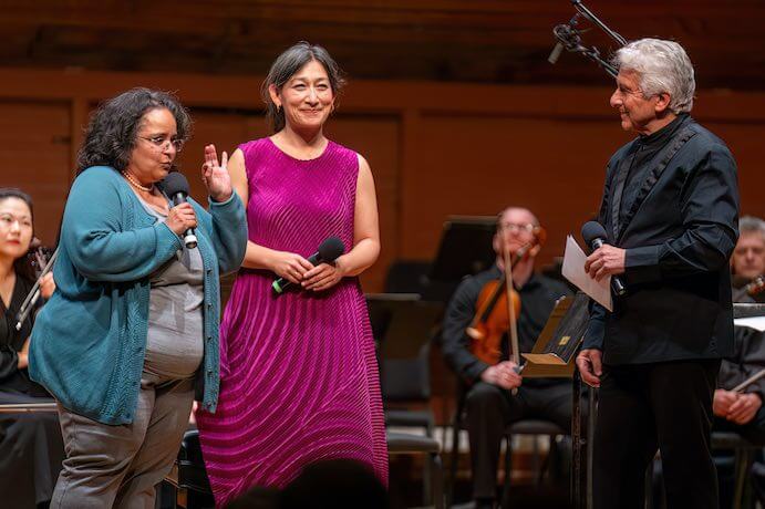 Gabriela Lena Frank, Harumi Rhodes, and Peter Oundjian -- Photo by Geremy Kornreich