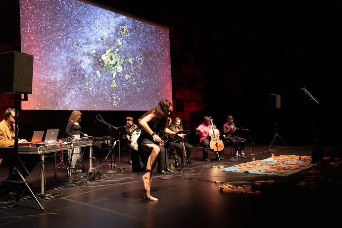 Kite in performance with student musicians, EMPAC -- Photo by Michael Valiquette/EMPAC