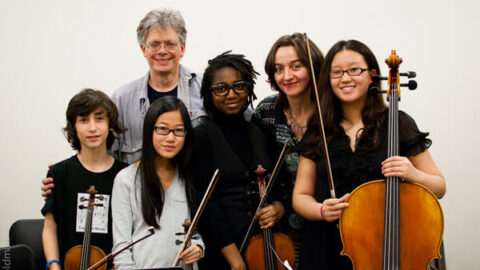 Face the Music's Pannonia Quartet, David Harrington, Alexandra Vrebalov - Photo by Meg Goldman