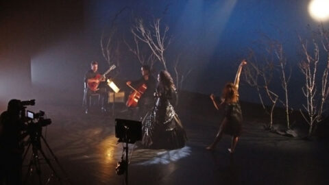 On the set of the ravens & radishes music video. L-R: composer/electric guitarist, George Heathco; Daniel Saenz, cello; soprano & artistic director, Misha Penton; dancer, Meg Brooker. Photo by Dave Nickerson