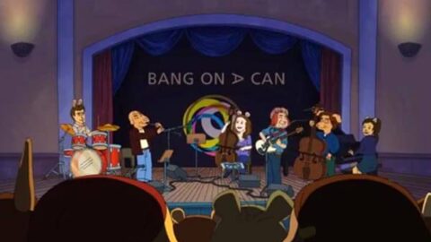 L-R: percussionist David Cossin, clarinetist Evan Ziporyn, cellist Ashley Bathgate, guitarist Mark Stewart, bassist Robert Black, and pianist Vicky Chow—as cartoon characters.