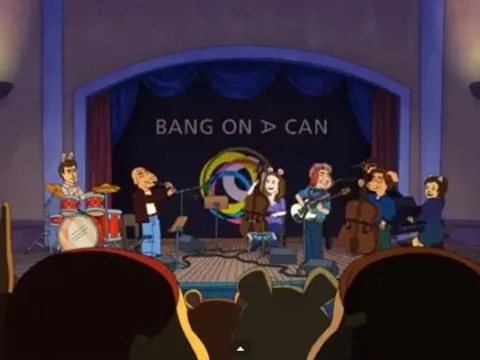 L-R: percussionist David Cossin, clarinetist Evan Ziporyn, cellist Ashley Bathgate, guitarist Mark Stewart, bassist Robert Black, and pianist Vicky Chow—as cartoon characters.