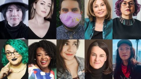 Top row, left to right: Wang Jie, Paola Prestini, Nebal Maysaud, JoAnn Falletta, Angélica Negrón Bottom row, left to right: Alex Temple, Alysia Lee, Natalie Calma, Libby Larsen, Aeryn Santillan
