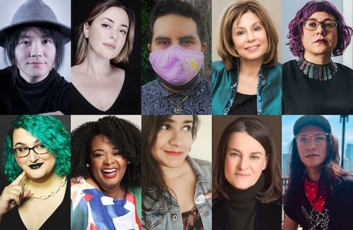Top row, left to right: Wang Jie, Paola Prestini, Nebal Maysaud, JoAnn Falletta, Angélica Negrón Bottom row, left to right: Alex Temple, Alysia Lee, Natalie Calma, Libby Larsen, Aeryn Santillan
