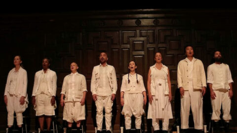 Allison Sniffin, Allison Easter, Ellen Fisher, Theo Bleckmann, Meredith Monk, Kate Geissinger, Paul An, and Gideon Crevoshay in the premiere of Indra's Net--Photo by Yvonne Portra