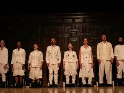 Allison Sniffin, Allison Easter, Ellen Fisher, Theo Bleckmann, Meredith Monk, Kate Geissinger, Paul An, and Gideon Crevoshay in the premiere of Indra's Net--Photo by Yvonne Portra