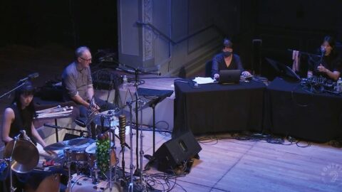 Sae Hashimoto, David Watson, Ikue Mori, and Charmaine Lee--Still from video livestream courtesy of Roulette Intermedium