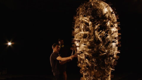 Andy Akiho plays a sculpture by Jun Kaneko -- Photo by Casey Wood
