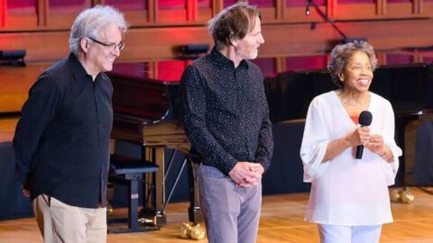 Ed Gazouleas, Tania León, and Steven Mackey introduce a concert at Tanglewood Music Center's Festival of Contemporary Music -- Photo by Hilary Scott