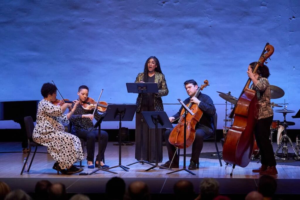 Jessie Montgomery, Dana Kelley, Alice Hall Moran, Gabriel Cabezas, and Eleonore Oppenheim -- Photo by Rob Davidson for Miller Theatre at Columbia University