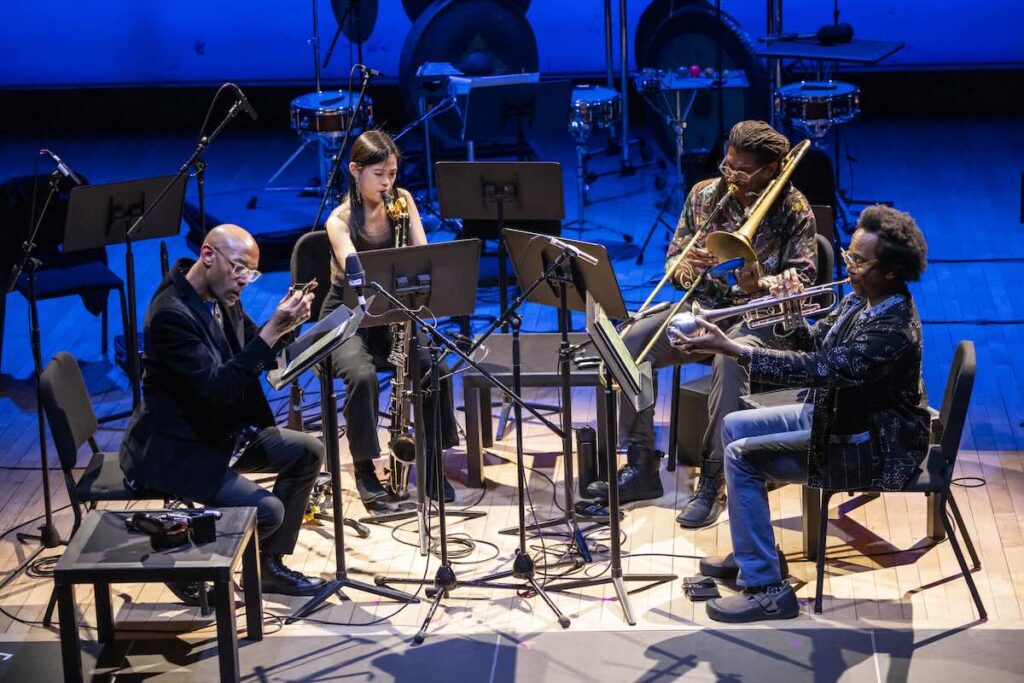 Damien Norfleet, Emmalie Tello, Timothy James Robinson, and Jonathan Finlayson at Hannah Kendall's Composer Portrait -- Photo by Stephanie Berger for Miller Theatre at Columbia University
