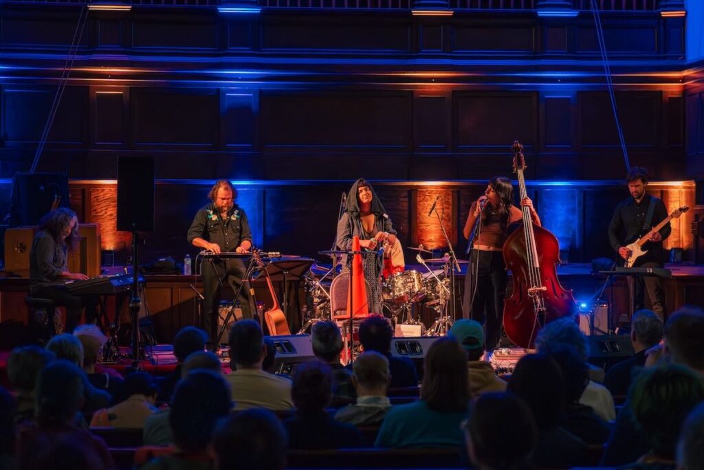 Lazyhorse at Big Ears Festival 2026 (L-R: Raven Chacon, Steve Hammond, Miriam Elhajli, Andy Meyerson, Mali Obomsawin, and Travis Andres) -- Photo by Taryn Ferro