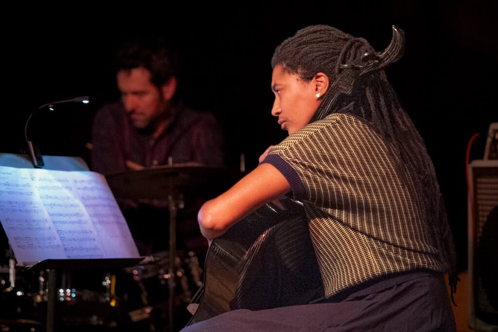 Tomas Fujiwara and Tomeka Reid perform with Fujiwara's 7 Poets at Sound and Gravity -- Photo by Timothy Schmoll